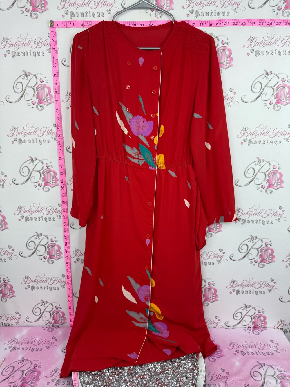 Vintage dress long button up Red Long Sleeve Floral Midi Dress